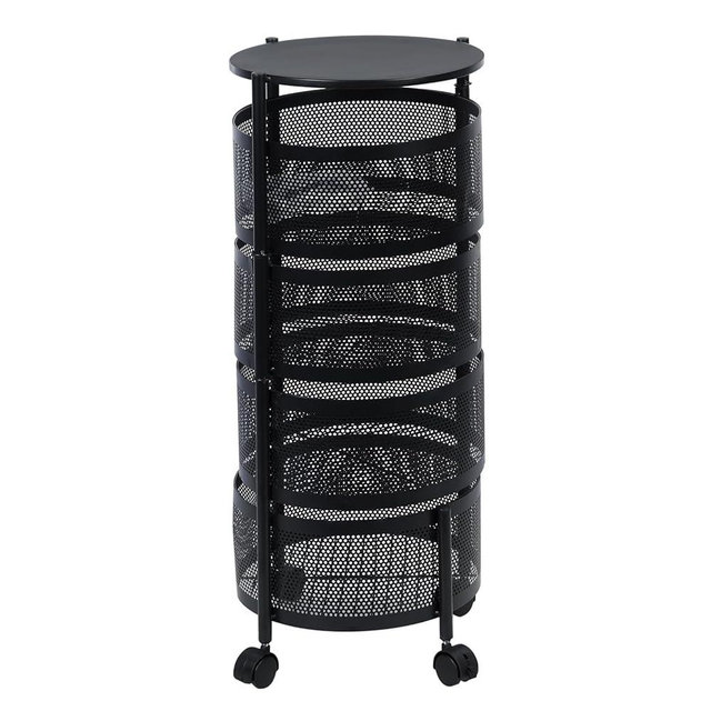 yulewiix 5 Tier Rolling Storage Cart, Circular Kitchen Storage Cart, Large Storage Rack with 360 Degree Wheels, Fruit Vegetable Metal Wire Shelf with Top Lid for Home Black Four Layer