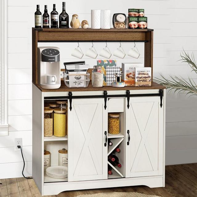 Wnutrees Farmhouse Coffee Bar Cabinet with Charging Station and USB Ports,Sliding Barn Door,43" Kitchen Hutch Sideboard Buffet Storage Cabinet,Fits Kitchen Dining Living Room, Antique White