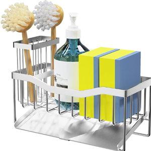 Maifan Sink Caddy Sponge Holder with Brush Holder and Stainless Steel Self Drain Tray, Rustproof Kitchen Sink Organizer for Sponge, Soap Dispenser Storage Accessories (Lacquer Silver)