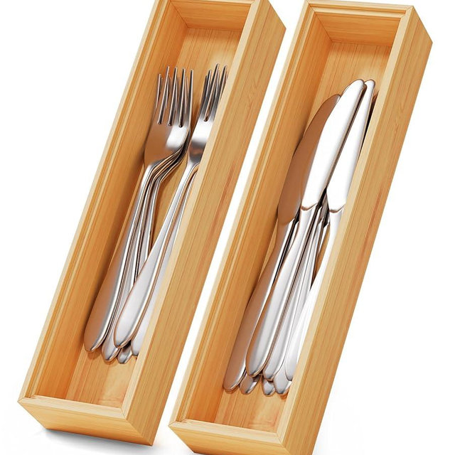 Bamboo Kitchen Drawer Organizer Boxes – 12" x 3" Stackable Wood Silverware Utensil Tray for Drawers Bins, Cutlery & Flatware Storage – Wooden Organizers Set of 2 for Junk Drawer, Bathroom, RV