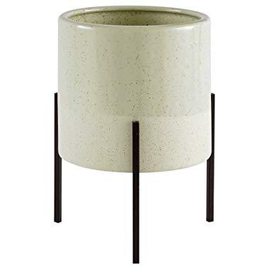 Rivet Mid-Century Ceramic Planter Pot with Iron Stand 9.1 Inch Height, Green