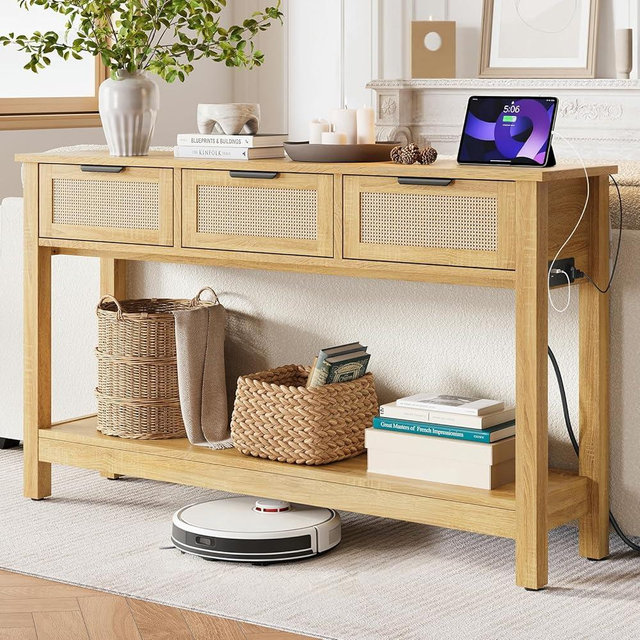 Luoxiao Entryway Table with Outlets and USB-C Port, 3 Rattan Drawers Console Sofa Tables Behind Couch, Entry Way Table Home Decor for Living Room, Hallway, Foyer, Storage Shelf, Natural, 47 Inch