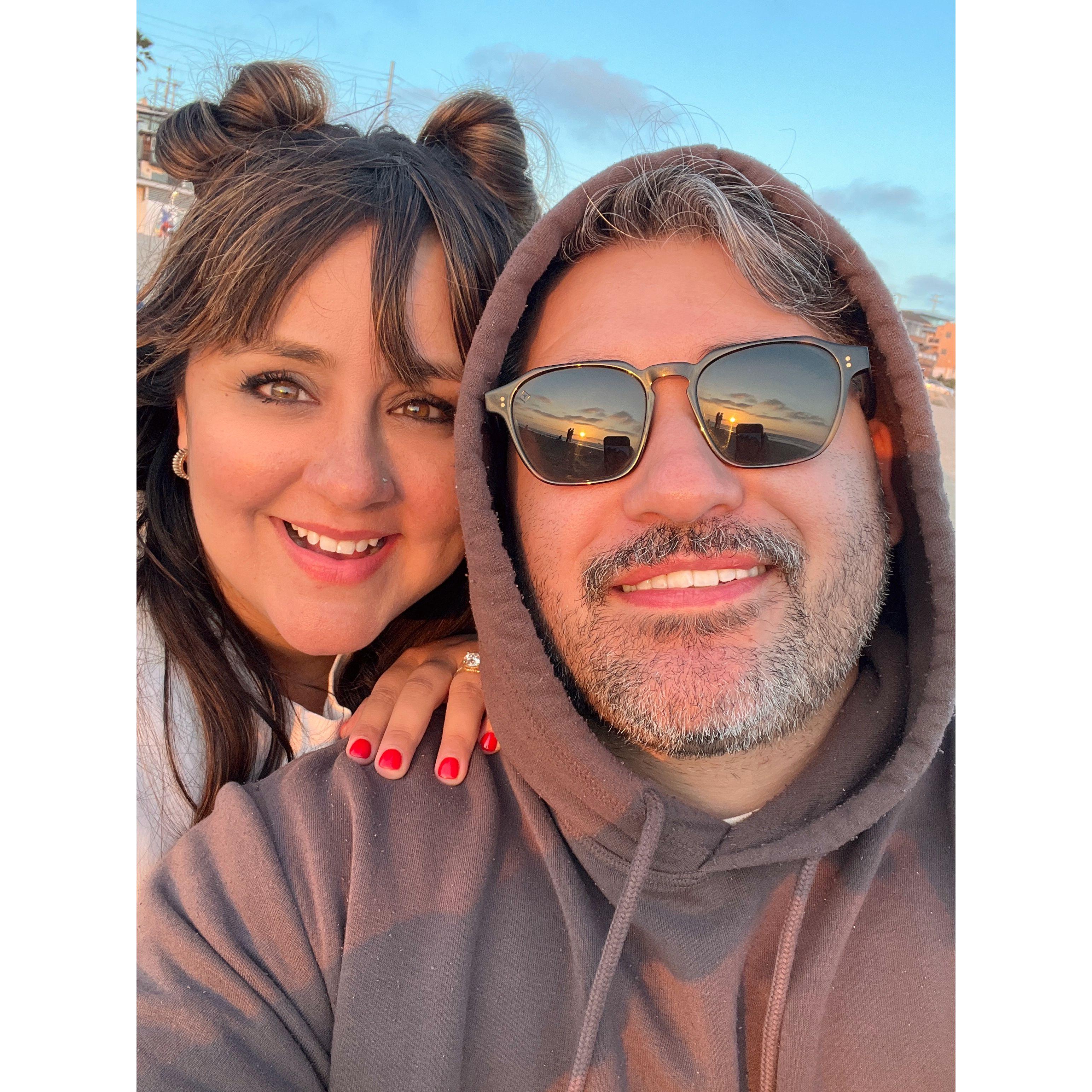 Doing our favorite thing, hanging by the beach at sunset with our family.