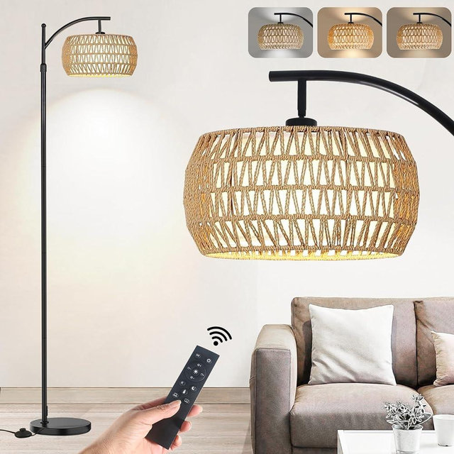 Yusist Arc Floor Lamp for Living Room,Farmhouse Floor Lamps with Remote Control & Dimmable Bulb, Boho Rattan Tall Standing Lamp for Bedroom Office