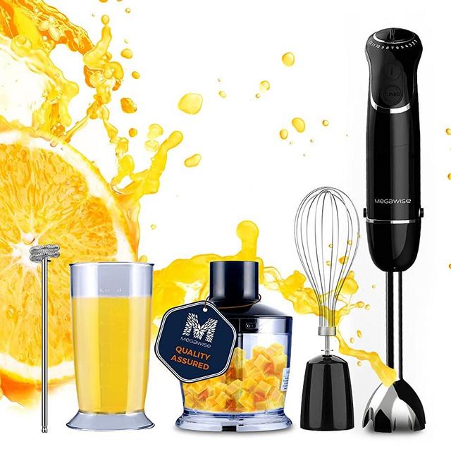 MegaWise Hand Blender Black 800W 5-in-1 Immersion Blender12 Speed and Turbo Mode, Titanium Steel Blades, Comfygrip Handle, with Whisk, Chopper/Grinder Bowl and Beaker/Measuring Cup