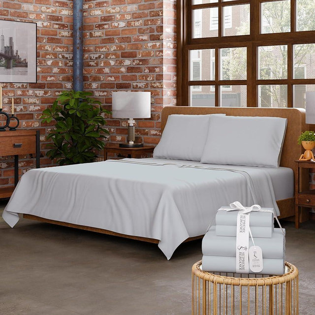 SUPREME ELEGANCE Soft Gray Sheet Set, Organic Cotton Deep Pockets Sheets for Queen Size Bed, Percale Sheets, Lightweight & Breathable, Easy Fit, Cool & Crisp