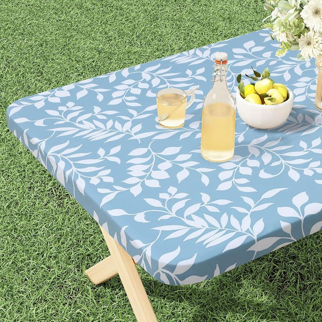 misaya Rectangle Vinyl Tablecloth, Fitted Table Cover, 100% Waterproof, Elastic Edge, Flannel Backing, Plastic Table Cloth Fit 6 Foot Folding Tables for Easter, Picnic (Blue Leaves, 30x72 inch)