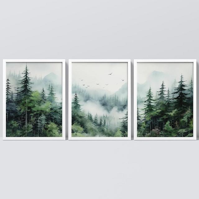 SIGNWIN Framed Poster Set Misty Forest Green Nature Mountain Landscape Wall Art Decor Wall Art for Living Room, Bedroom, Office - 12"x16"x 3 WHITE