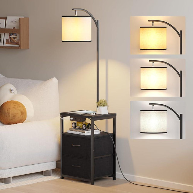 SUNMORY Floor Lamp with Table & 2 Drawers，Lamp with USB Port and Outlet,Lamps for Nightstand with 3 Color Temperature Led Bulb Included，Floor Lamps for Living Room，Bedroom and Home Office, Black