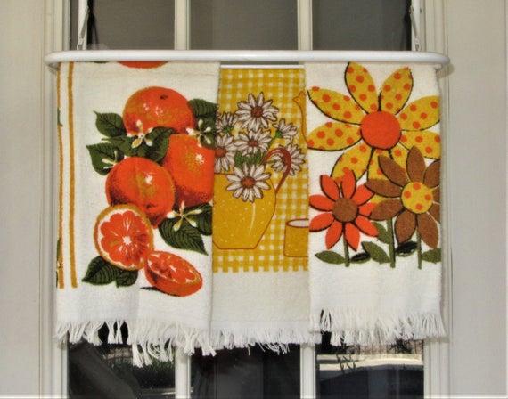 NWT 80s 3pc Set of Orange and Yellow Floral and Fruit Dish Towels, Riegel, Vintage 80s