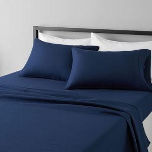 Amazon Basics Lightweight Sheets Super Soft Easy Care Microfiber 4 Piece Bed Sheets Set with 14-Inch Deep Pockets, Queen, Navy Blue, Solid