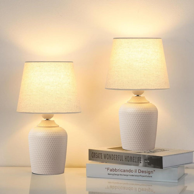 Sucolite Small 11.8'' Table Lamps Set of 2, Bedside Nightstand Lamps for Bedroom Kid’s Room, Cute Desk Lamps with Studded Texture Base for Reading Nursery Living Room Office, Cream
