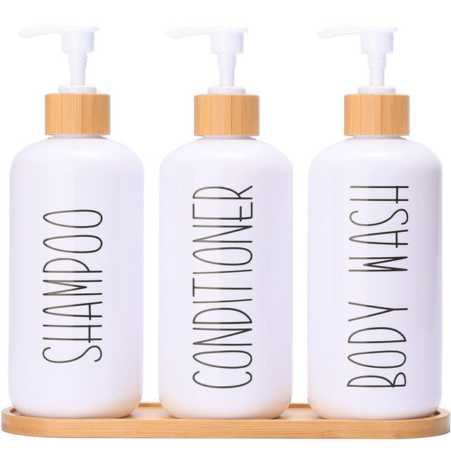 MOMEEMO White Shampoo and Conditioner Dispenser Set, Contains 3 Extra-Thick PET Plastic Bottles, Refillable Shampoo and Conditioner Bottles Perfect for Farmhouse Bathroom Decor. (White)