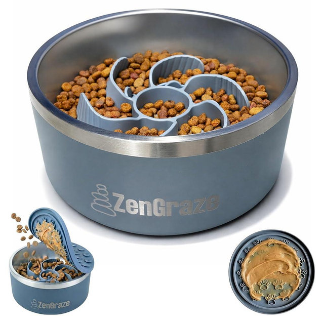 Stainless Steel Slow Feeder Dog Bowl for Large Dogs | 64 oz, Non-Slip Base with Textured Lick Mat Lid & Silicone Slow Feeder Insert – Deep Anti-Gulp Metal Puzzle Bowl for Large Breeds (Steel Gray)