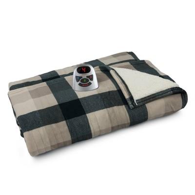 Full/Queen Microplush & Sherpa Electric Bed Blanket Beige/Black Plaid - Biddeford Blankets