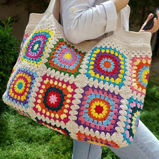 Granny Square Bag, Crochet Handle Bag, Crochet Bag, Boho Bag, Beach Bag, Shoulder Bag, Granny Square Beige Bag, Patchwork Bag, Gift for her