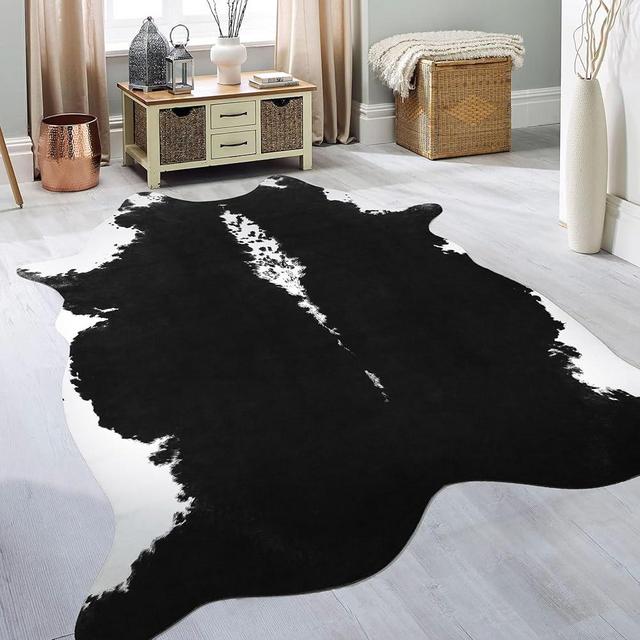 BENRON Premium Cowhide Rug Black, Faux Cow Hide Rugs for Living Room Bedroom Western Home Decor, Non Slip Cute Rug with Irregular Animal Skins and Hides, 4.6 x 5.2ft