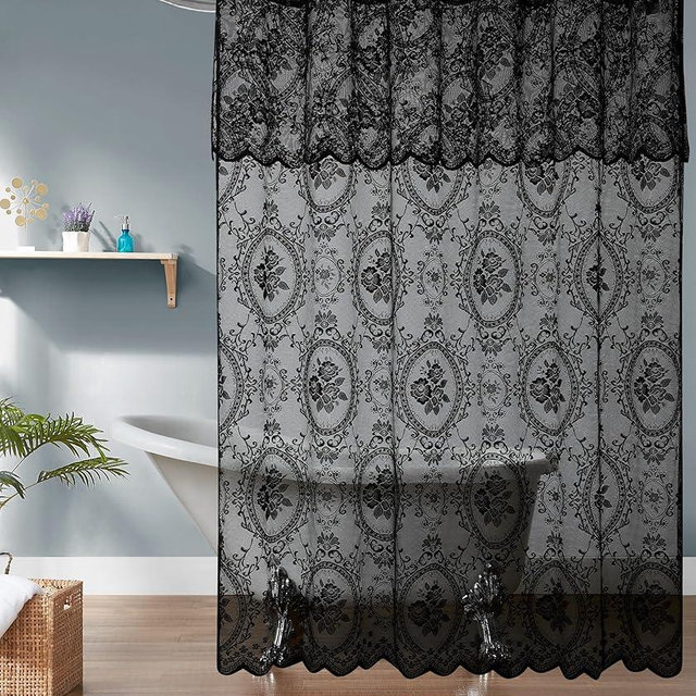 NOIR GOTHIC DECOR Gothic Shower Curtain with Matching Valance. 84 Inch Shower Curtain Perfect for Goth Bathroom Decor. Goth Shower Drape or Vintage Bath Curtain. SH Black-Black 84