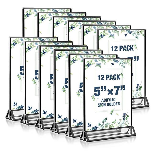 Acrylic Black Sign Holders 5x7, 12 Pack Wedding Black Table Number Holders, Double Sided Photo Display Picture Frame Paper Stand, Clear Flyer Stand Menu Holder for Wedding, Home, Party, Restaurant