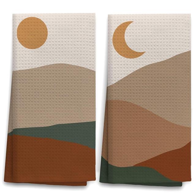 OHSUL Abstract Boho Sun Crescent Moon Mountain Highly Absorbent Kitchen Towels Dish Towels Dish Cloth Set of 2,Boho Mid Century Hand Towels Tea Towel for Bathroom Kitchen Decor