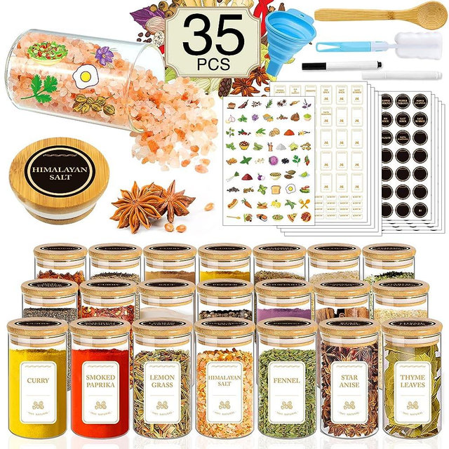 BGraceyy Spice Jars with Labels, 35 Pcs 4 oz Glass Spice Jars with Bamboo Lids, Minimalist Stackable Airtight Spice Containers with 426 labels for Home Kitchen, Pantry, Spice Cabinet, Drawer, Rack