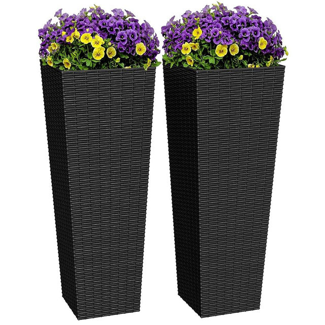 Greesum 32 Inch Tall Plastic Planters with Rattan Texture – Set of 2, Detachable Inner Pot & Drainage Holes, Indoor/Outdoor Decorative Flower Pots for Large Plants, Trees, Patio, and Garden, Black