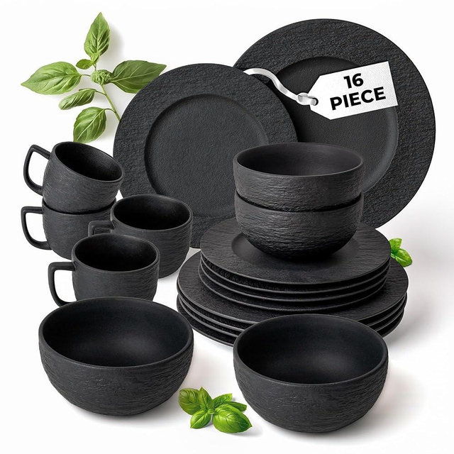 MIAMIO - 16-pc Dinnerware Set Black/Modern Ceramic Tableware/Dinnerware/Set for 4 Persons - Oasis Collection