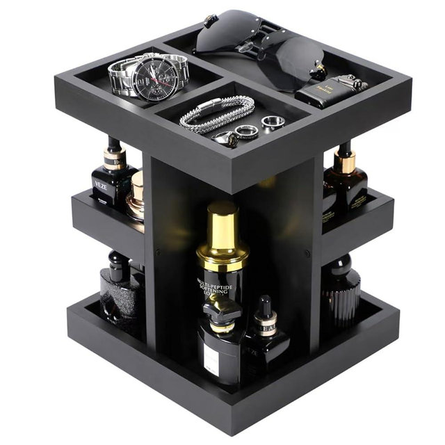 EXIN DECHEN Cologne Organizer for Men,Cologne Stand,3 Tier Large Capacity Wood Perfume Shelf with Rotate,Desk & Nightstand Organizer,Mens Husband Birthday Gifts Ideas,Gifts for Men(Black)