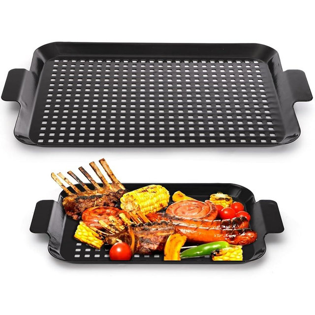 Covzoe 2 Pack Grill Topper Pans, Nonstick Barbecue Grilling Baskets with Perforated Bottom, Heavy Duty Carbon Steel Grilling Tray for Outdoor Cooking and Camping, Black