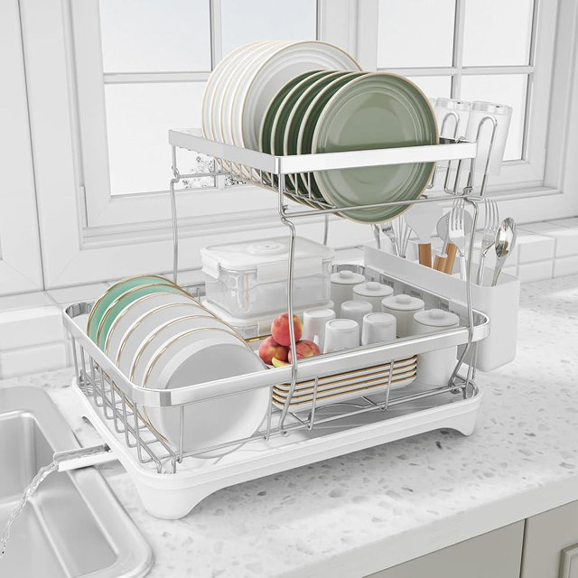 Dish Drying Rack - 304 Stainless Steel Dish Rack for Kitchen Counter , Adjustable Spout Auto-Draining Dish Rack, 2-Tier Kitchen Organizers and Storage Rack with Drainboard and Cutlery Holder White