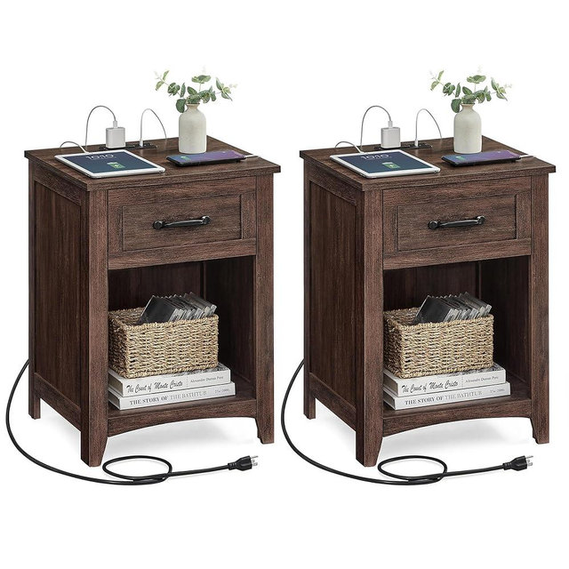 VASAGLE LIRY Collection - Farmhouse Nightstands with Charging Station, Set of 2 Bedside Tables, Side Tables with Drawer, Open Compartment, for Bedroom, Maroon Brown ULET959K51
