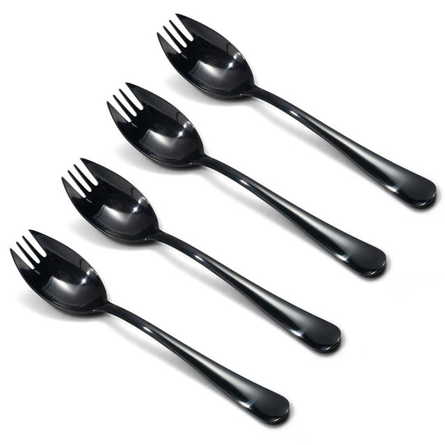 Alata Black Mirror Sporks 8-Pack Set Stainless Steel Sporks, 7.4 Inches Long Handle Salad Forks For Dessert, Ice Cream, Salad, Soup, Noodle, Spaghetti, Dishwasher Safe