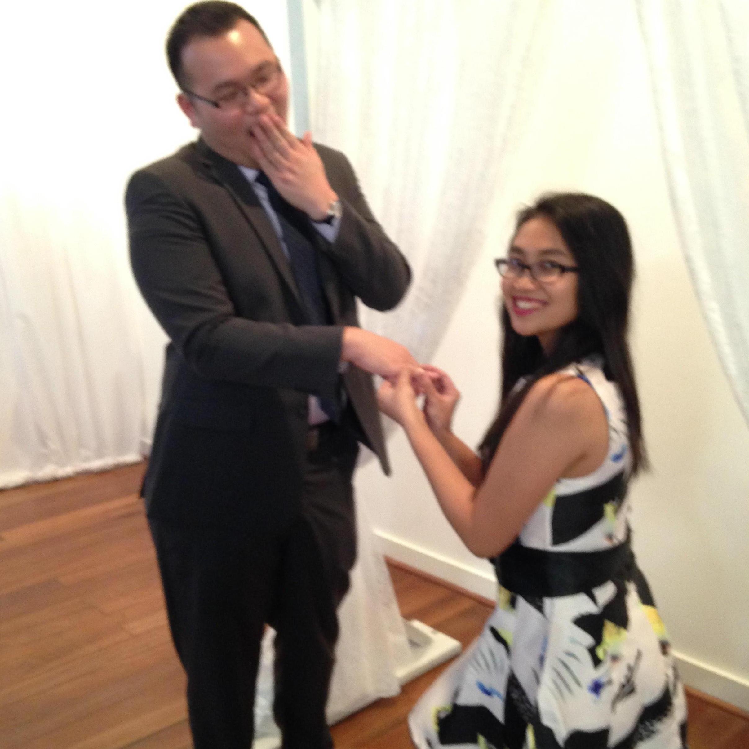 Goofing around at Jo & Hao's wedding, 2015. Ken's finger was too big for the ring, so we called the fake engagement off.