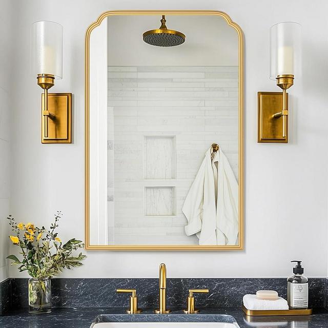 Ferytange 24X36 Inch Gold Mirror for Bathroom, Modern Rounded Corner Rectangle Mirror with Non-Rusting Iron Metal Framed Bathroom Vanity Mirror for Over Sink Wall Decor(Tempered Glass)