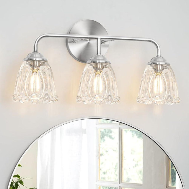 Vintage Batheoom Vanity Light, Brushed Nickel Vanity Lighting, Elegant 3-Light Bathroom Light with Flower Glass Shade, Lighting Fixture over Mirror, Wall Sconce Lighting for Bedroom Living Room