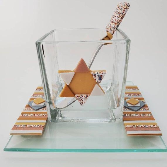 Passover dish Charoset with tray and spoon, Pesach Gift, Seder Table, Bowl and Plate, Judaica
