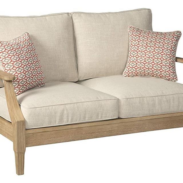Signature Design by Ashley - Clare View Outdoor Loveseat with Cushion - Eucalyptus Frame - Beige