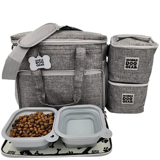 Mobile Dog Gear, Week Away Dog Travel Bag for Medium and Large Dogs, Includes 2 Lined Food Carriers and 2 Collapsible Dog Bowl, Meets Airline Requirements, Heathered Gray