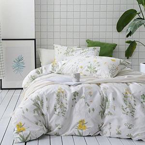 Botanical Duvet Cover Set, 100% Cotton Bedding, Yellow Flowers and Green Leaves Floral Garden Pattern Printed on White (3pcs, King Size)