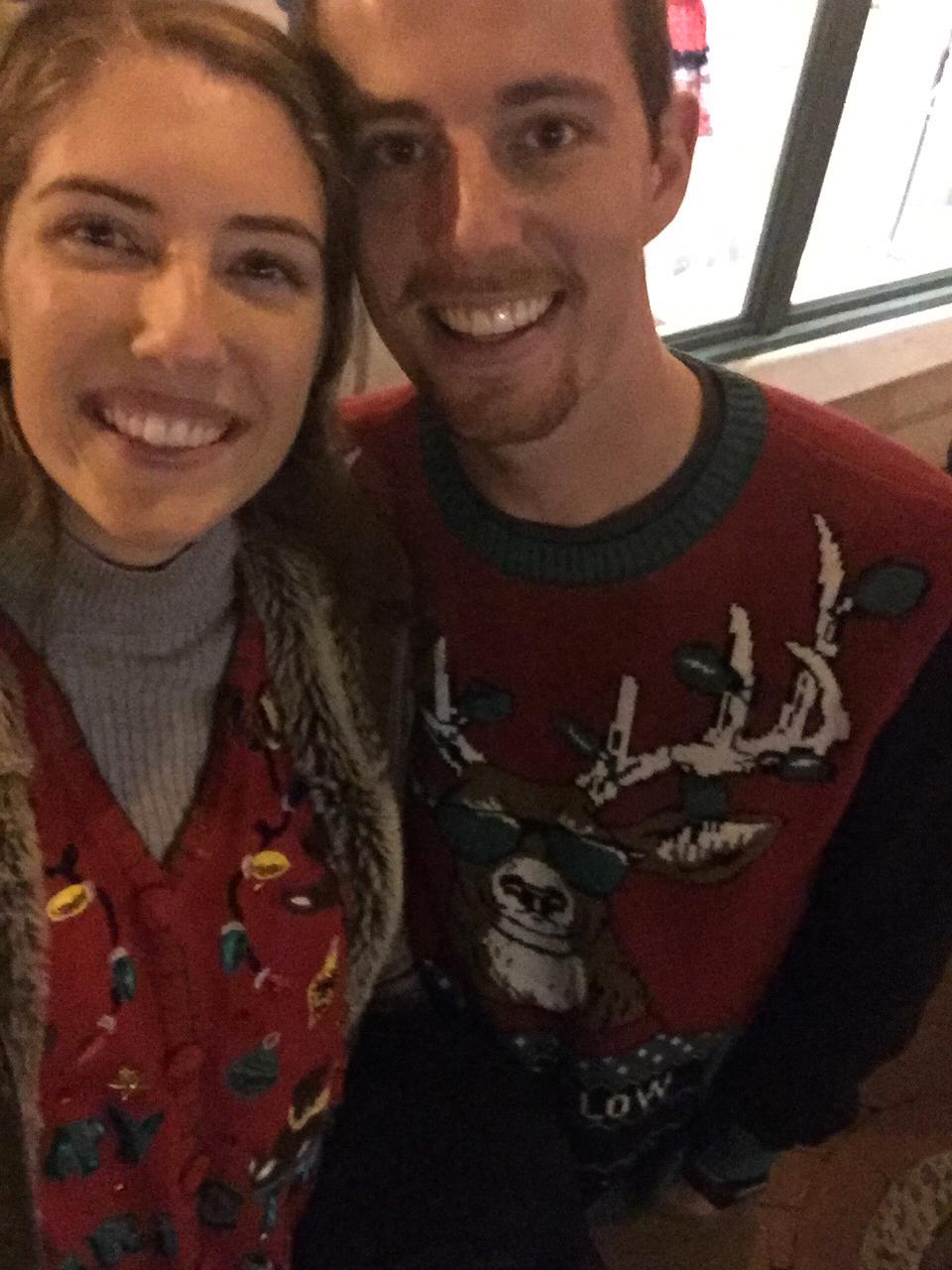 Our very first photo together at the Santa Barbara Christmas Lights Parade! Ugly Christmas sweaters and all.