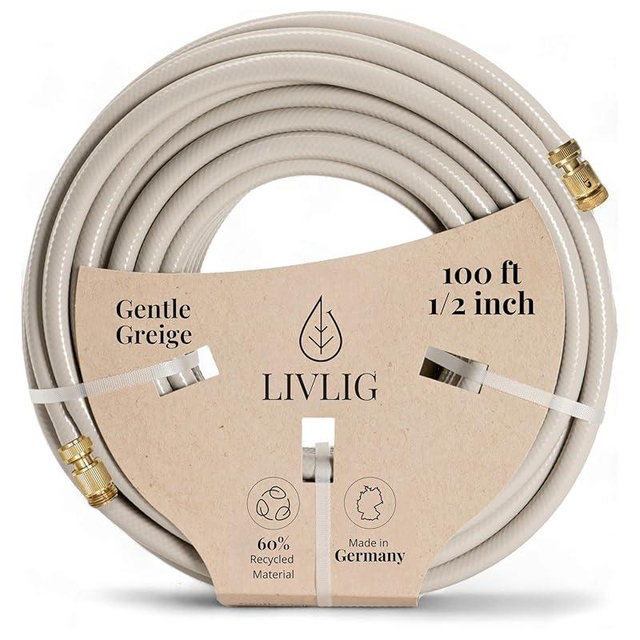 LIVLIG Garden Hose 1/2 inch, For Any Nozzle, with Brass Quick Connect, Water Hose Made in Germany, Recycled Material, Personalized Color for Outdoor Living Design Greige Tan (100ft Greige)