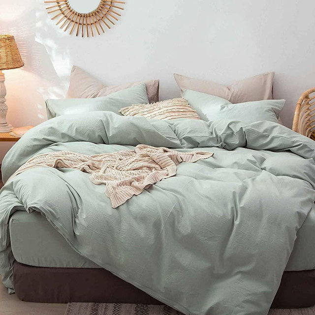 MooMee Bedding Duvet Cover Set 100% Washed Cotton Linen Like Textured Breathable Durable Soft Comfy (3pcs, Sage Green, King)