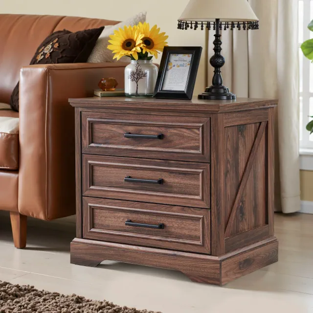 Nightstand with Charging Station, 24" Wide Farmhouse End Table with 3 Drawers & Handles, Night Stand Bedside Table for Bedroom, Living Room, Brown