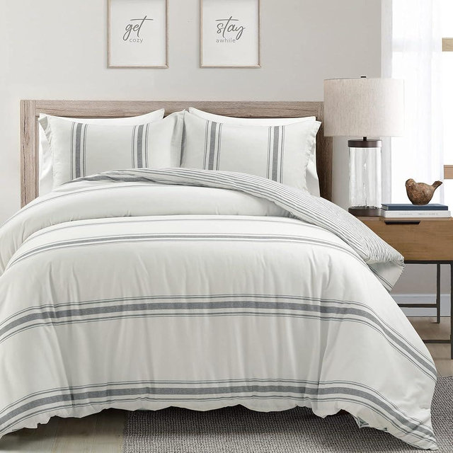 Lush Decor Farmhouse Stripe Reversible Cotton Duvet Cover Set, 3 Piece Set, Full/ Queen, Dark Gray - Cozy Farmhouse Bedding Set - Rustic Decor - Striped Duvet Cover - Modern Farmhouse Bedroom Decor