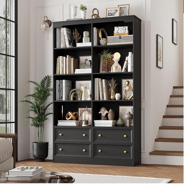 FINETONES 71" Black Bookshelf with 4 Drawers, 6-Tier Double Wide Bookshelf and Bookcase with Storage, Tall Bookshelf Large Open Bookshelf Standing Book Cabinet for Home Office, Black
