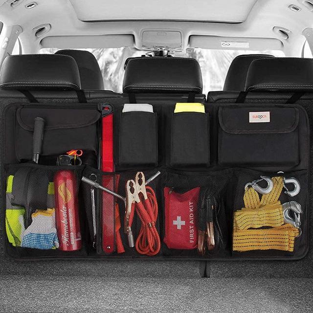 SURDOCA Car Trunk Organizer - 3rd Gen [8 Times Upgrade] Super Capacity Car Hanging Organizer, Equipped with 4 Magic Stick, Car Trunk Tidy Storage Bag with Lids, Space Saving Expert, Black