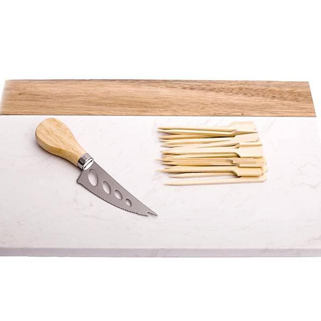 Azauvc Cutting Board with Marble and Natural Wood,Serving Board for Steak Fruits with Handle,Chopping Board for Bread As Serving Trays (White)