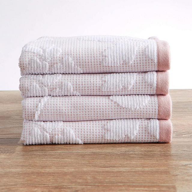 100% Cotton Decorative Hand Towel Set (16 x 28 inches) Luxury Floral Jacquard Hand Towels. Roselyn Collection (Set of 4, White / Pink)