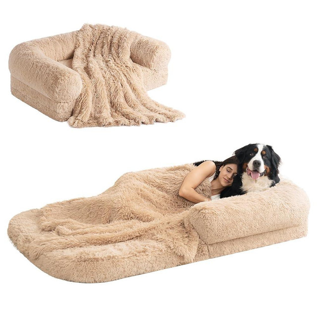EHEYCIGA Foldable Human Dog Bed for Adult, Orthopedic Memory Foam Dog Bed for Humans, Waterproof Human Dog Bed for People, Faux Fur Human Sized Dog Bed, Camel, 72"x44"x12"