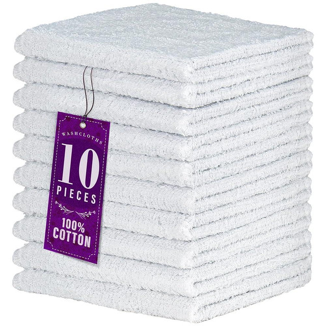 DecorRack 10 Pack 100% Cotton Wash Cloth, Luxurious Soft, 12 x 12 inch Ultra Absorbent, Machine Washable Washcloths, White (10 Pack)